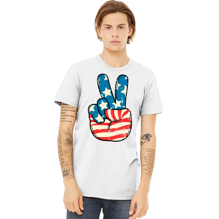 American Flag Peace Sign Hand 4th Of July Patriotic Premium T-Shirt