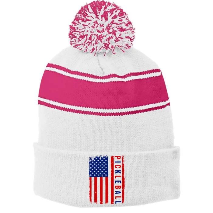 American Flag Pickleball 4th Of July Cool Sport Patriotic Stripe Pom Pom Beanie