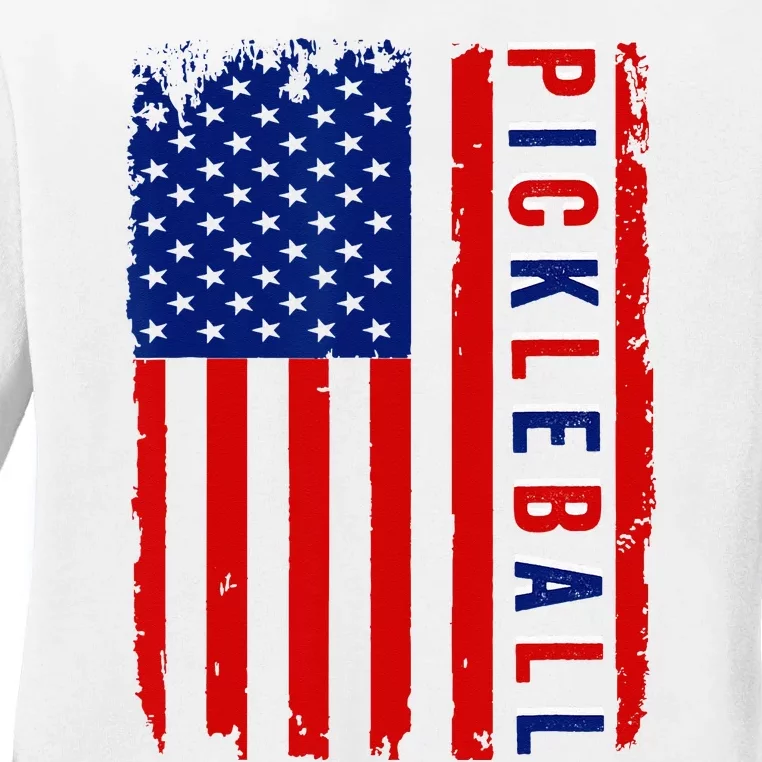 American Flag Pickleball 4th Of July Cool Sport Patriotic Ladies Long Sleeve Shirt