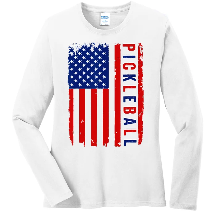 American Flag Pickleball 4th Of July Cool Sport Patriotic Ladies Long Sleeve Shirt