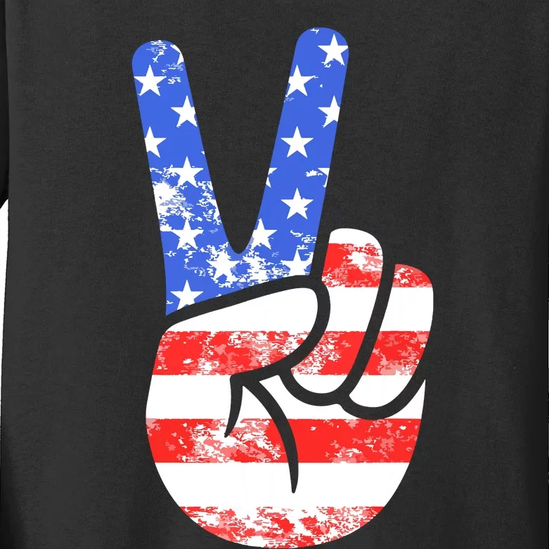 American Flag Peace Sign Hand Fourth Of July Kids Long Sleeve Shirt