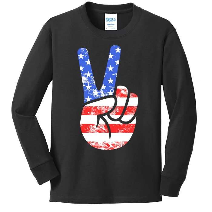 American Flag Peace Sign Hand Fourth Of July Kids Long Sleeve Shirt