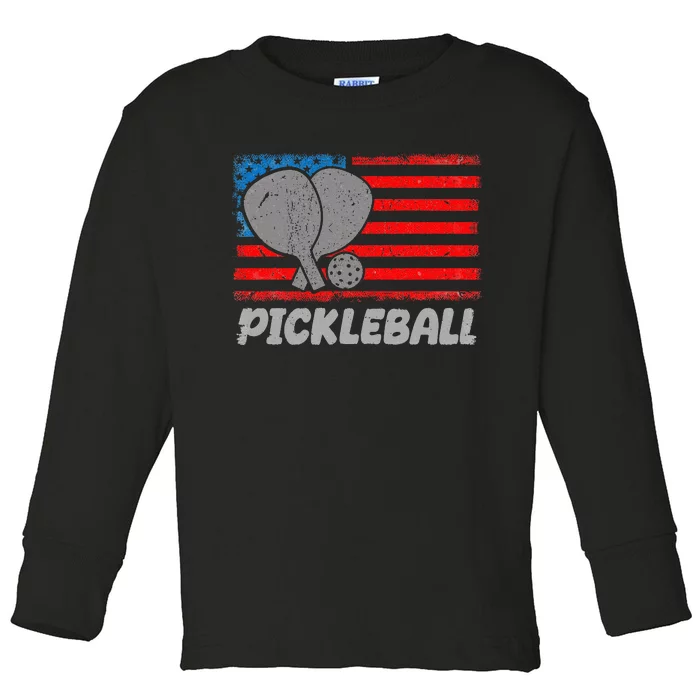 American Flag Pickleball Players Pickleball Paddles Toddler Long Sleeve Shirt