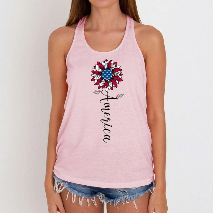 American Flag Patriotic 1776 Sunflower Usa Flag America Gift Women's Knotted Racerback Tank