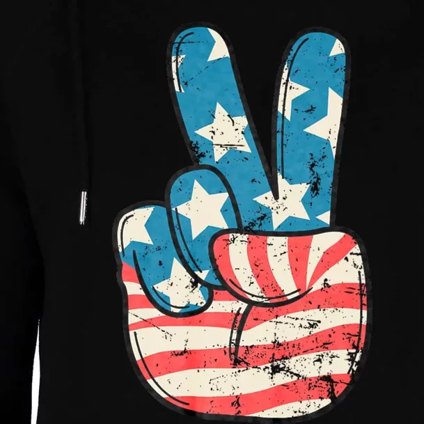 American Flag Peace Sign Hand 4th Of July Patriotic Womens Funnel Neck Pullover Hood