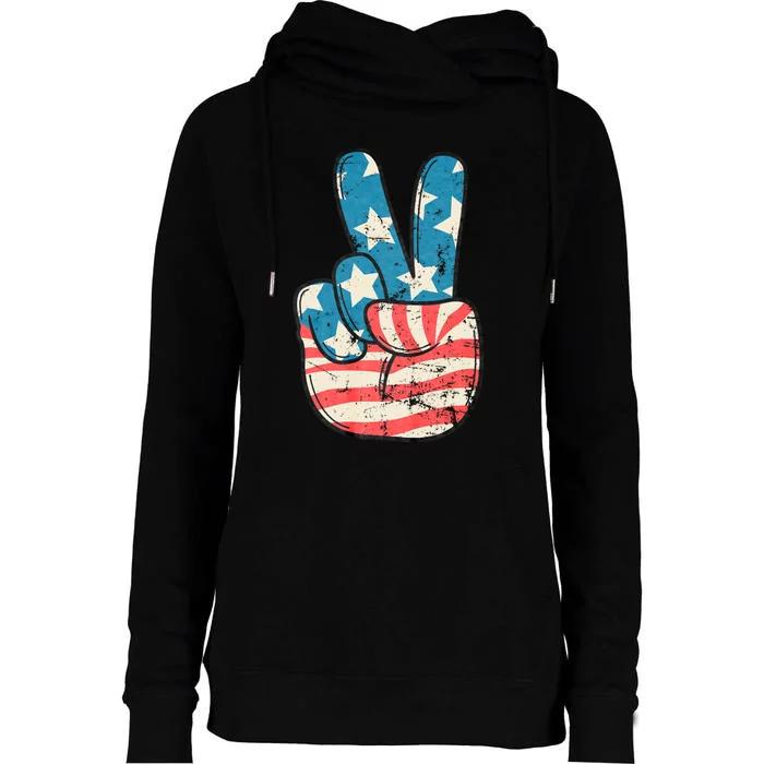 American Flag Peace Sign Hand 4th Of July Patriotic Womens Funnel Neck Pullover Hood