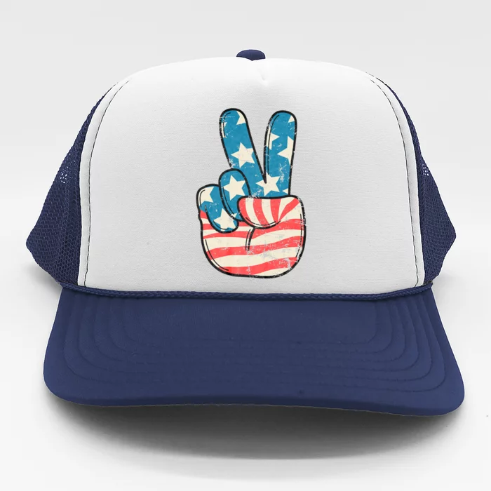 American Flag Peace Sign Hand 4th Of July Patriotic Trucker Hat