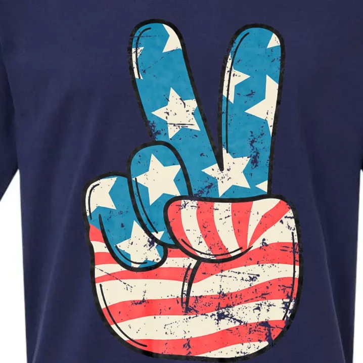 American Flag Peace Sign Hand 4th Of July Patriotic Sueded Cloud Jersey T-Shirt