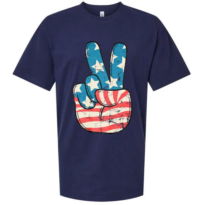 American Flag Peace Sign Hand 4th Of July Patriotic Sueded Cloud Jersey T-Shirt