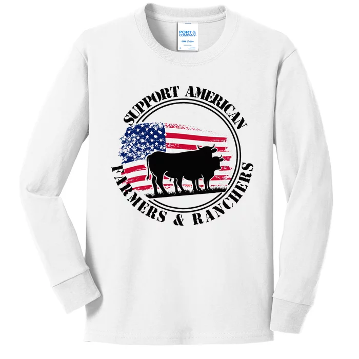 American Flag Patriotic Support American Farmers & Ranchers Kids Long Sleeve Shirt