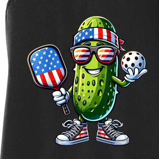 American Flag Pickleball Paddle Funny Patriotic Pickle Playing Gift Women's Racerback Tank