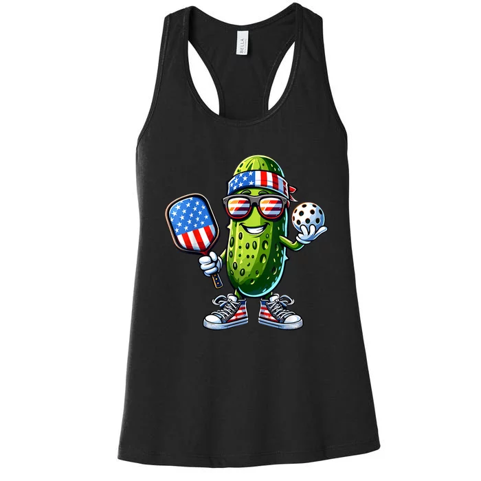 American Flag Pickleball Paddle Funny Patriotic Pickle Playing Gift Women's Racerback Tank