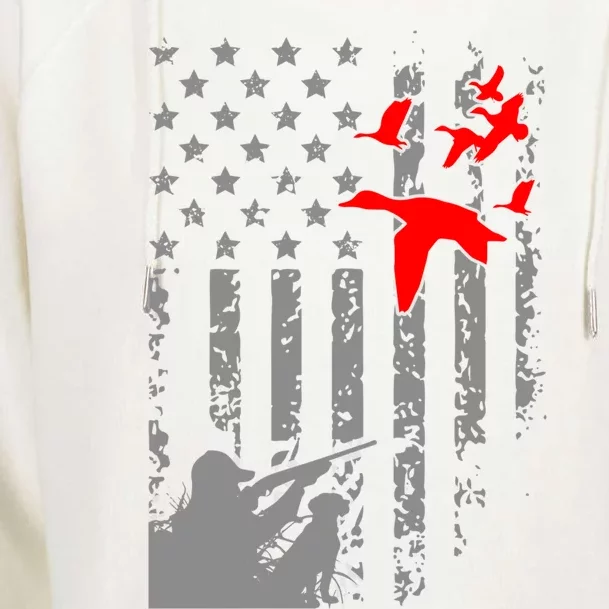 American Flag Patriotic Duck Hunting Waterfowl With Dog Gift Womens Funnel Neck Pullover Hood