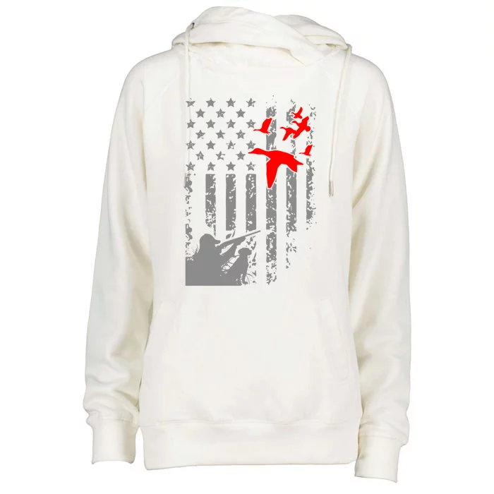 American Flag Patriotic Duck Hunting Waterfowl With Dog Gift Womens Funnel Neck Pullover Hood