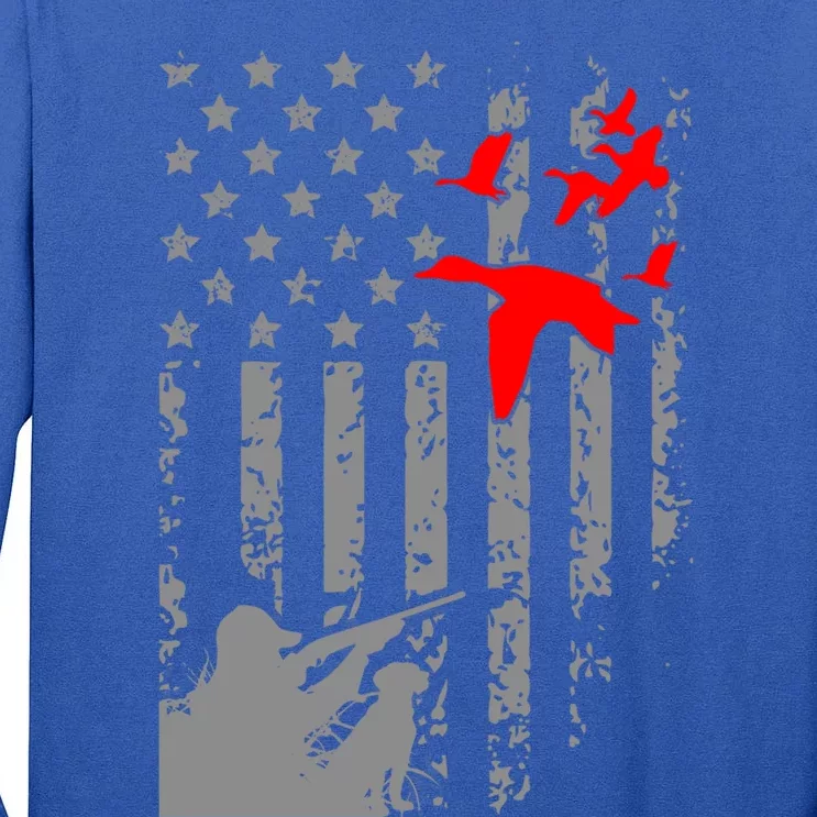 American Flag Patriotic Duck Hunting Waterfowl With Dog Gift Tall Long Sleeve T-Shirt