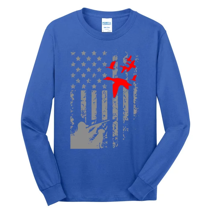 American Flag Patriotic Duck Hunting Waterfowl With Dog Gift Tall Long Sleeve T-Shirt