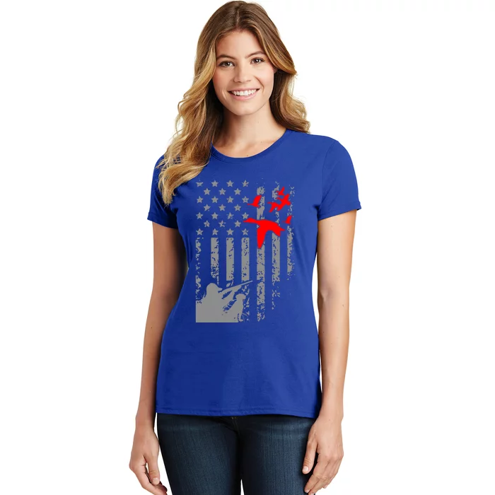 American Flag Patriotic Duck Hunting Waterfowl With Dog Gift Women's T-Shirt