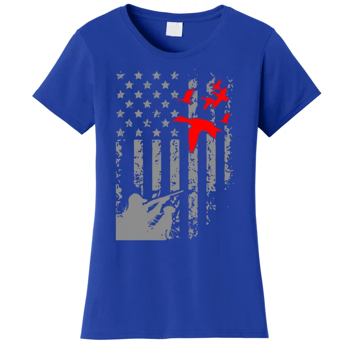 American Flag Patriotic Duck Hunting Waterfowl With Dog Gift Women's T-Shirt