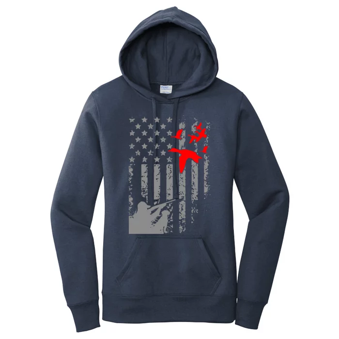 American Flag Patriotic Duck Hunting Waterfowl With Dog Gift Women's Pullover Hoodie