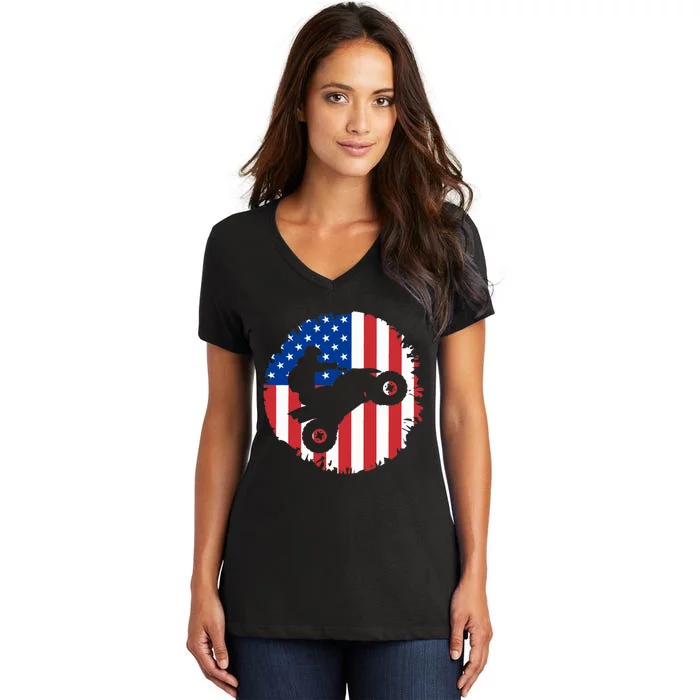 American Flag Quad Bike ATV Four Wheelers Quad Bikers Women's V-Neck T-Shirt