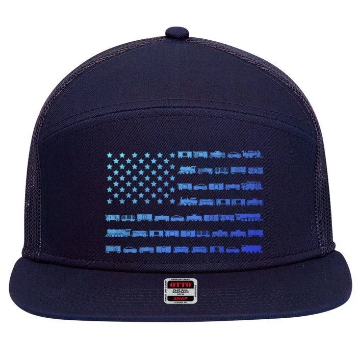 American Flag Railroad Train Conductor Gift 7 Panel Mesh Trucker Snapback Hat