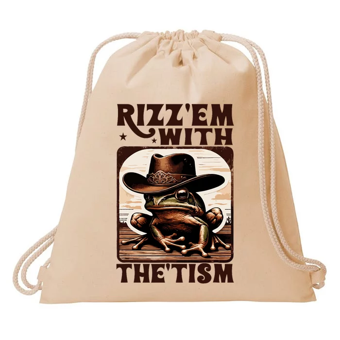 Autism Funny Rizz Em With The Tism Meme Autistic Frog Cowboy Drawstring Bag