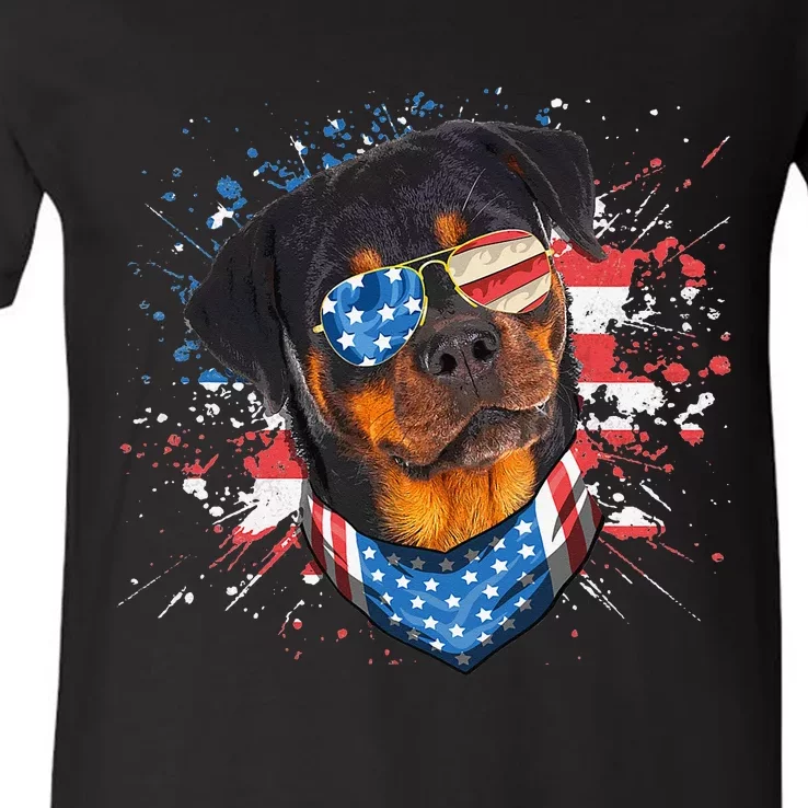 American Flag Rottweiler Dog Lover Funny 4th of July Dog V-Neck T-Shirt