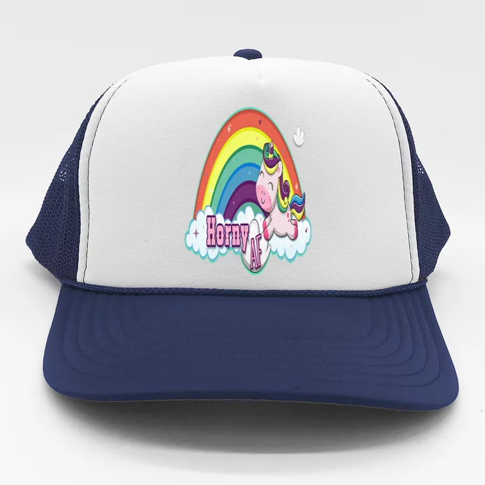 Adult Funny Rainbow Unicorn Horny AF Humorous Feeling Horny Trucker Hat