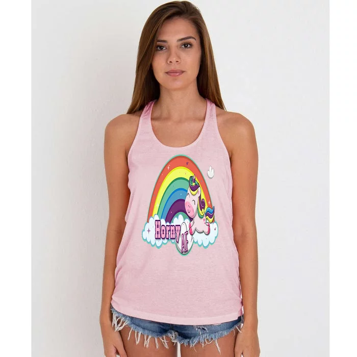 Adult Funny Rainbow Unicorn Horny AF Humorous Feeling Horny Women's Knotted Racerback Tank