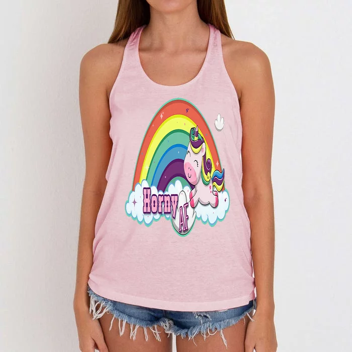 Adult Funny Rainbow Unicorn Horny AF Humorous Feeling Horny Women's Knotted Racerback Tank