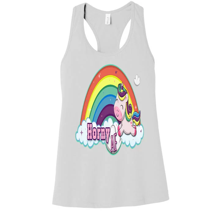 Adult Funny Rainbow Unicorn Horny AF Humorous Feeling Horny Women's Racerback Tank