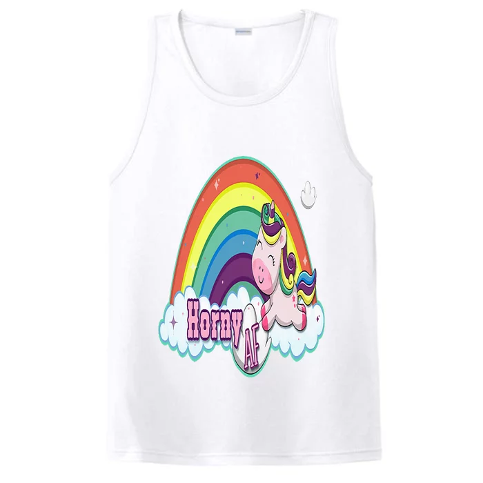 Adult Funny Rainbow Unicorn Horny AF Humorous Feeling Horny Performance Tank