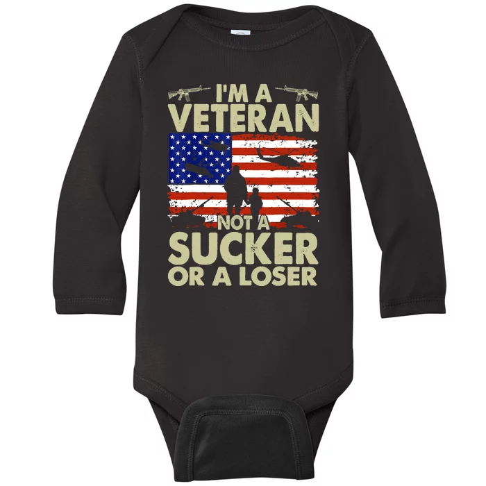 American Flag Retro Im Veteran Not A Sucker Or A Loser Gift Baby Long Sleeve Bodysuit