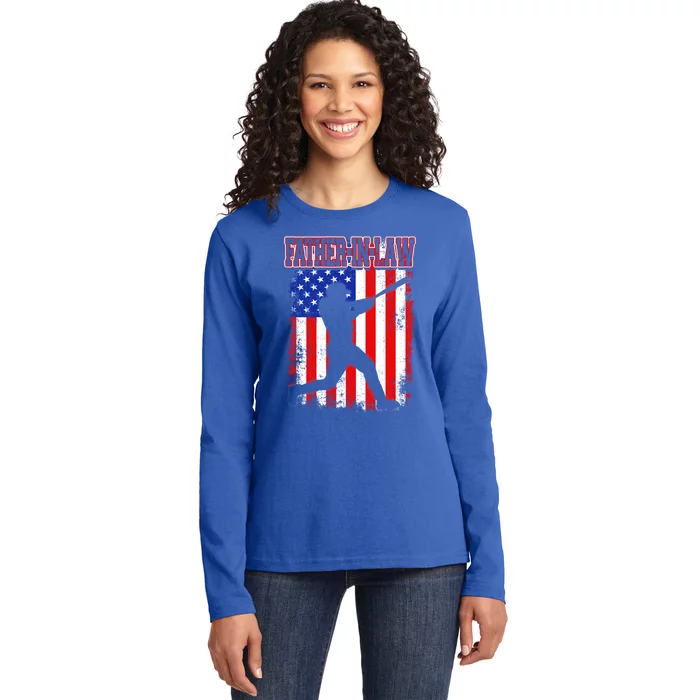 American Flag Retro Baseball Fatherinlaw Funny Fathers Day Meaningful Gift Ladies Long Sleeve Shirt