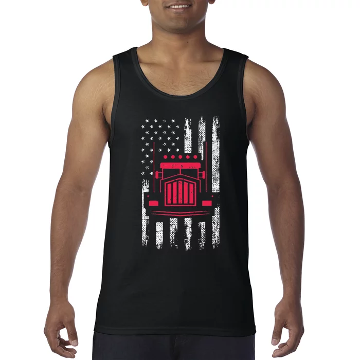 American Flag Red Truck Mechanic Funny Semi Truck Driver Tank Top