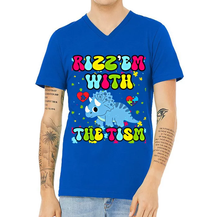 Autism Funny Rizz Em With The Tism Meme Autistic Dinosaure Gift V-Neck T-Shirt