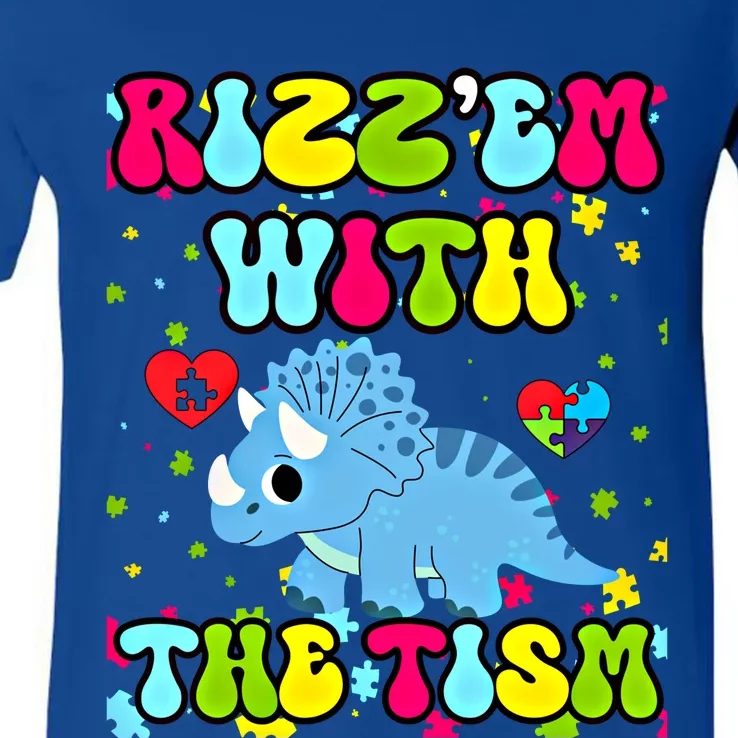 Autism Funny Rizz Em With The Tism Meme Autistic Dinosaure Gift V-Neck T-Shirt