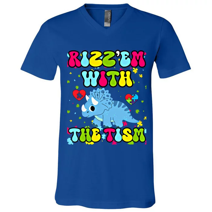 Autism Funny Rizz Em With The Tism Meme Autistic Dinosaure Gift V-Neck T-Shirt