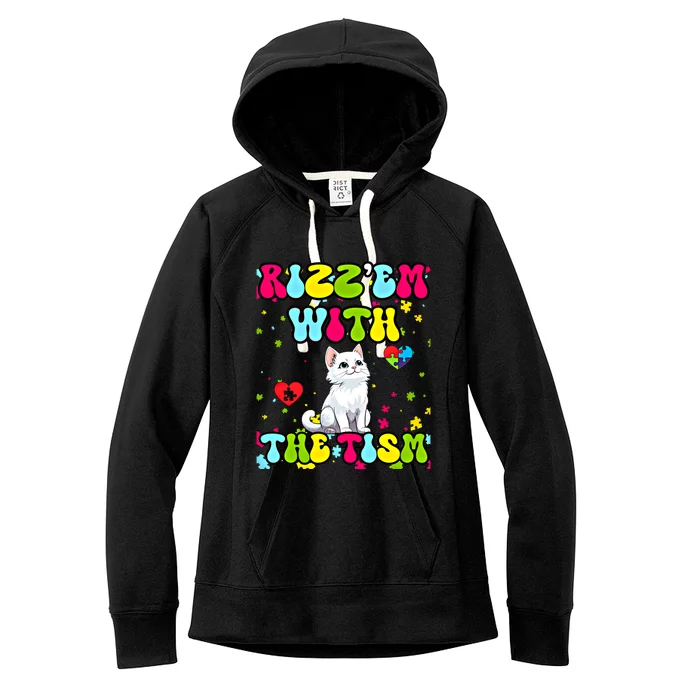 Autism Funny Rizz Em With The Tism Meme Autistic Cute Cat Great Gift Women's Fleece Hoodie