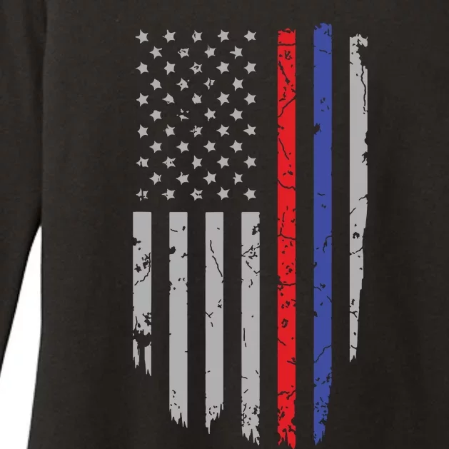 American Flag Red Blue Thin Line Apparel Firefighter Police Womens CVC Long Sleeve Shirt