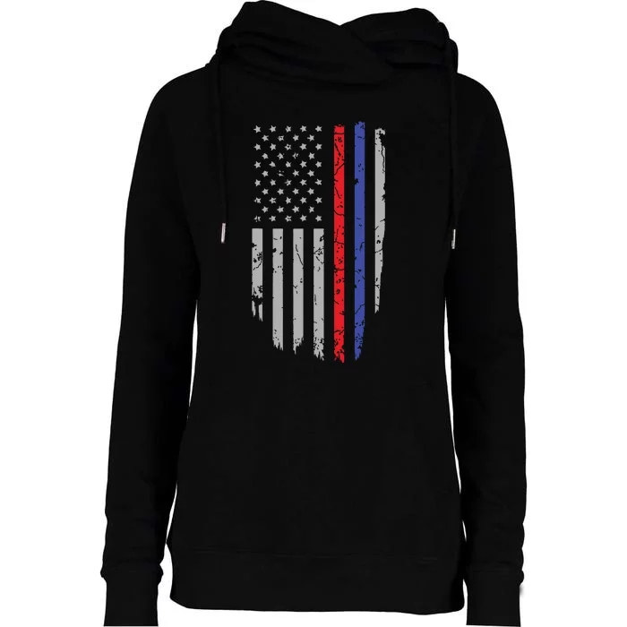 American Flag Red Blue Thin Line Apparel Firefighter Police Womens Funnel Neck Pullover Hood