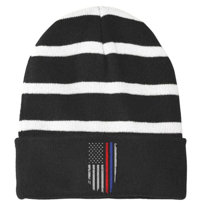 American Flag Red Blue Thin Line Apparel Firefighter Police Striped Beanie with Solid Band