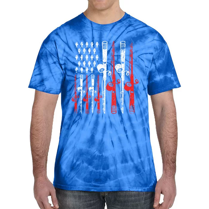 American Flag Retro Fishing Rod Lover Dad Papa Fisher Funny Gift Tie-Dye T-Shirt