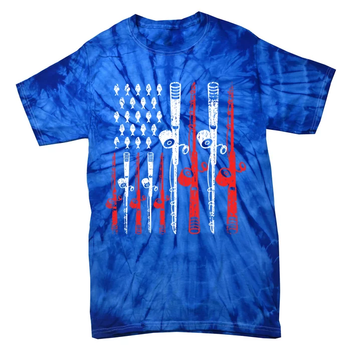 American Flag Retro Fishing Rod Lover Dad Papa Fisher Funny Gift Tie-Dye T-Shirt