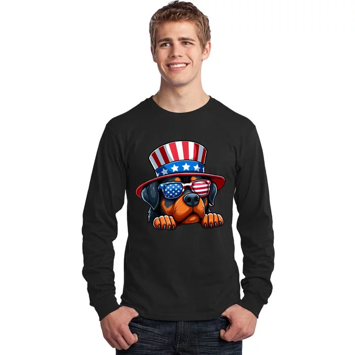 American Flag Rottweiler Dog Lover Funny 4th Of July Dog Gift Tall Long Sleeve T-Shirt