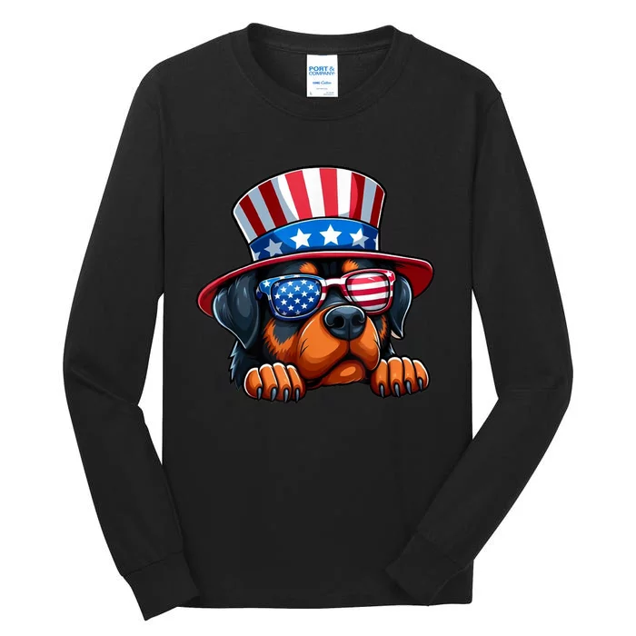 American Flag Rottweiler Dog Lover Funny 4th Of July Dog Gift Tall Long Sleeve T-Shirt