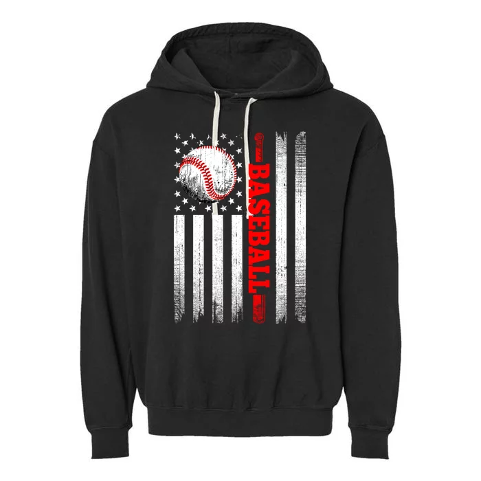 American Flag Retro Baseball Lover Dad Mom Gift Garment-Dyed Fleece Hoodie