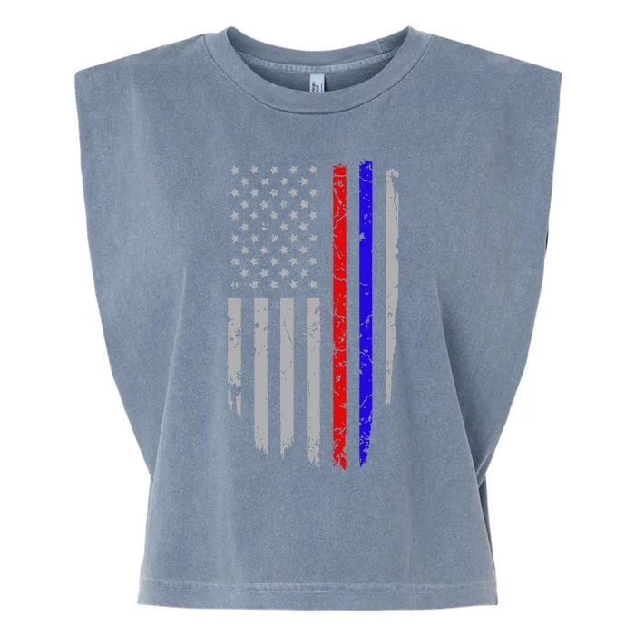 American Flag Red Blue Thin Line Apparel Firefighter Police Garment-Dyed Women's Muscle Tee