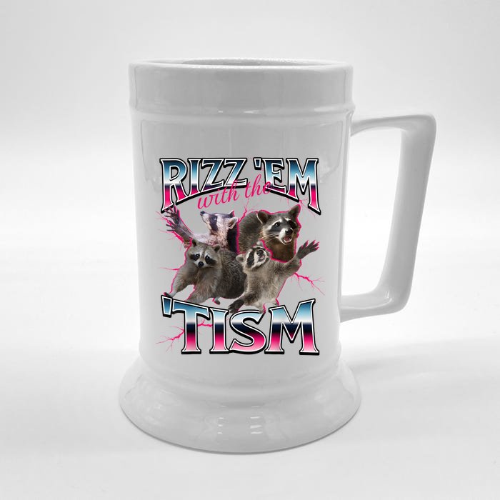 Autism Funny Rizz Em With The Tism Meme Autistic Racoon Front & Back Beer Stein