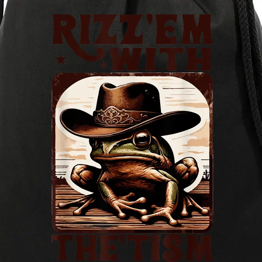 Autism Funny Rizz Em With The Tism Meme Autistic Frog Cowboy Drawstring Bag